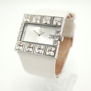 Guess Women Jumbo Crystal Watch 36mm Rectangle Dial White Leather w New Battery
